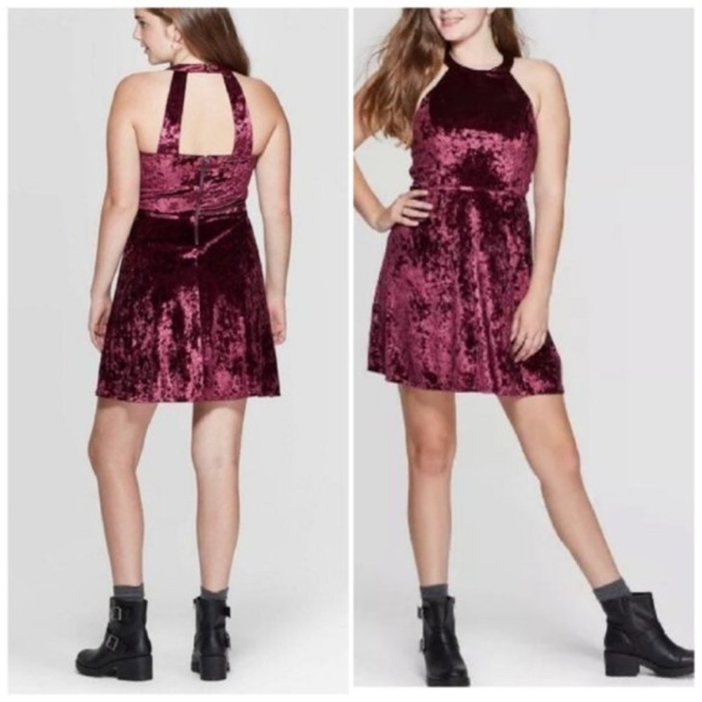Xhilaration Maroon Crushed Velvet Open Back Halter Dress
